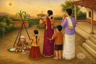 Family worshipping Lord Surya while celebrating Pongal