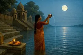 Lady giving Purnima Arghya